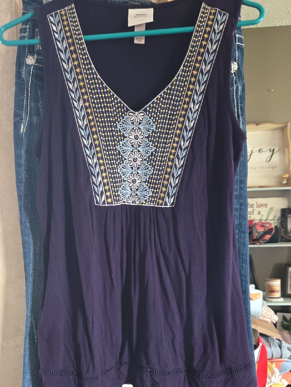 Knox Rose Navy Sleeveless Tank with Blue and Yellow Embroidery